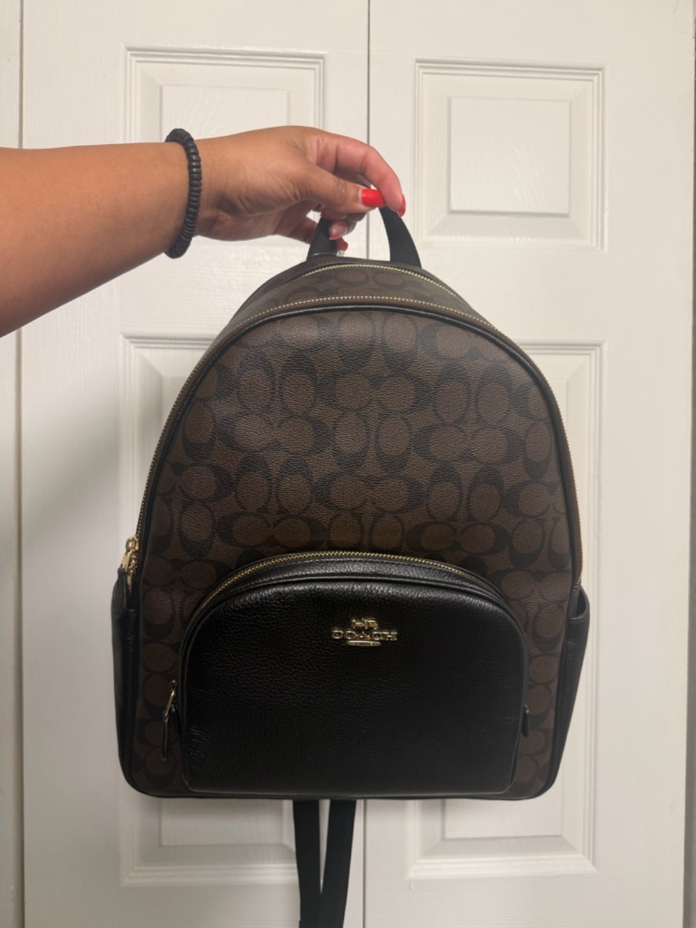 Coach Brown Signature Canvas Backpack with Black Leather Pocket
